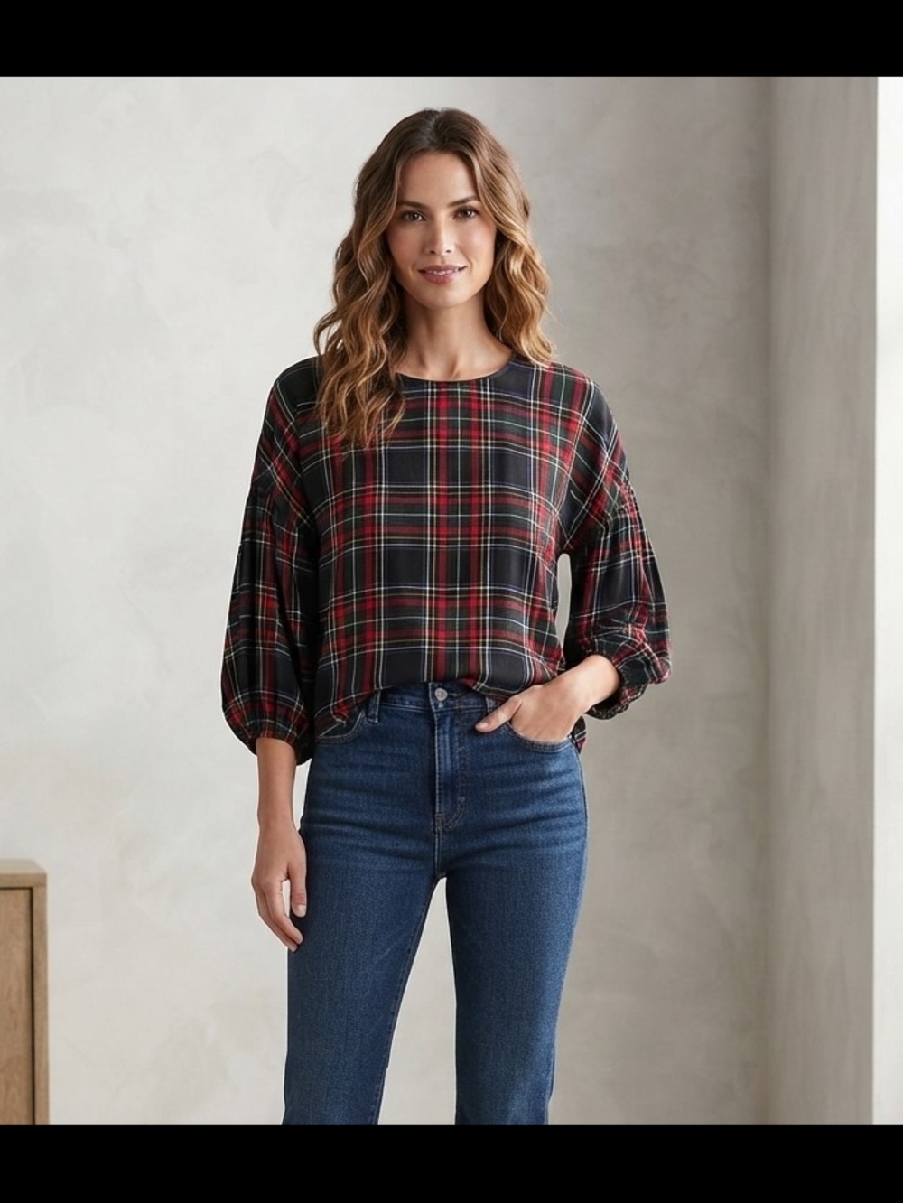 LOFT Plaid Balloon-Sleeve Top - Black & Red